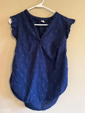 Old Navy Womens Navy‎ Blue Clip Dot Flutter Sleeve Split Neck Blouse Size M thumbnail 1