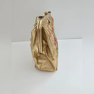 Vintage Souré Bag NY Tapestry Handbag - 1950s Floral Needlepoint & Gold Shimmer thumbnail 2