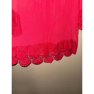 Womens Pink‎ Crochet Lace Trim Bell Sleeve V-Neck Gauze Boho Blouse L Festival thumbnail 3