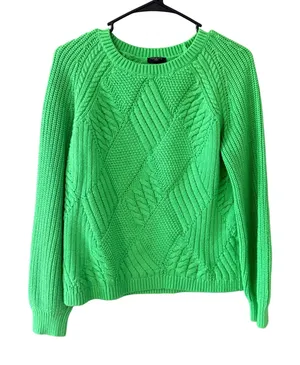 Talbots Petite Small Kelly Green Cable Knit Sweater Diamond Crewneck Preppy‎ thumbnail 1