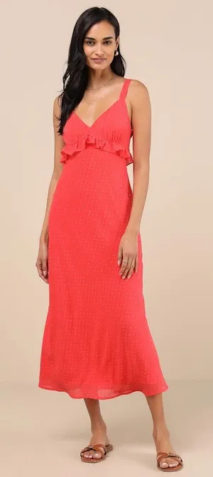 NWT Lulus Lulus Valonia Red Orange Ruffled Clip Dot Empire Waist Midi Dress Sz M thumbnail 1
