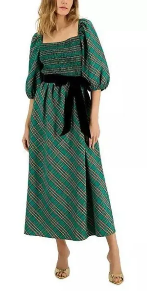 NWT! INC International Concepts Green Red Metallic Plaid Belted Midi Dress Small thumbnail 1
