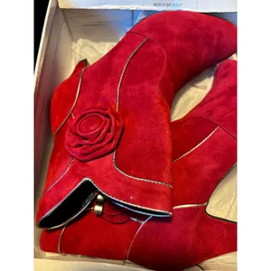 Softwear Cecilia Red‎ Faux Suede Rosette Ankle Boots Kitten Heel Wide Width 7.5W thumbnail 6