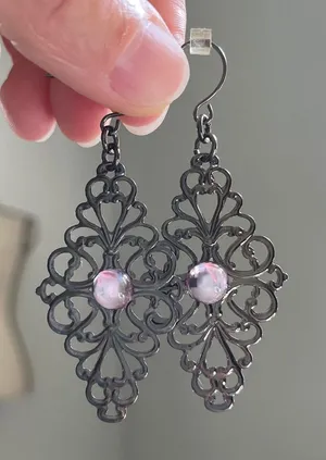 Pewter Filigree Boho Drop Earrings Pink Purple Stone Accent Y2K Dainty‎ Jewelry thumbnail 1