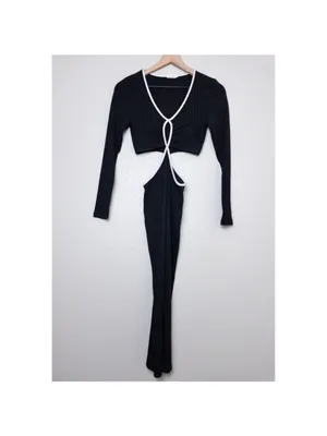 Showpo Ribbed Cutout Long Sleeve Midi Dress 2 Black White Bodycon thumbnail 2