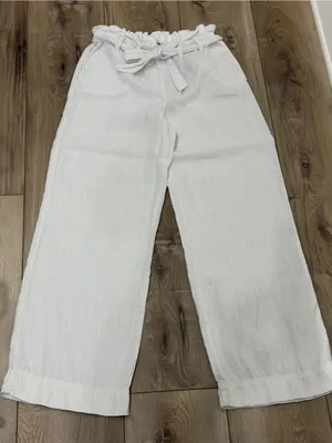 White High-Rise Tie-Waist Wide-Leg Linen Pants thumbnail 2
