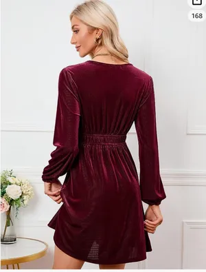 Women's Velvet Dress Wrap V Neck Pleated Waist Long Sleeve Casual Party Skater Dresses thumbnail 4