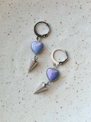 Handmade Czech glass heart & spike dangle earrings💜🩵💙 thumbnail 4