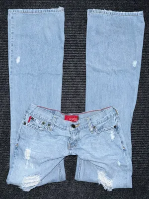 VTG Y2K Hollister Jeans Sz 5 / 29 LONG Light Wash Low Rise Distressed Flare Surf thumbnail 1