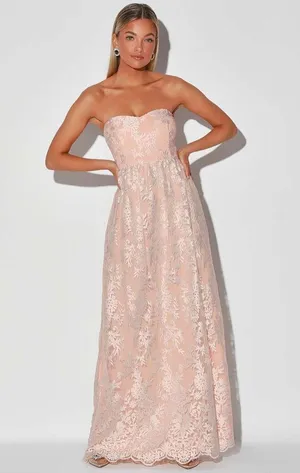 NWOT Lulus Love Will Find A Way Peach Lace Strapless Maxi Dress S thumbnail 1