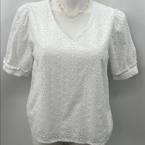 Draper James White Puff Sleeve Ruffled Eyelet Blouse thumbnail 1