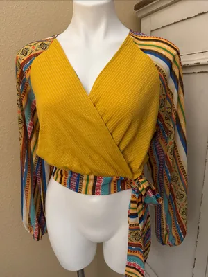 Flying Tomato Golden Yellow Wrap Blouse with Multicolor Stripe Sleeves thumbnail 1
