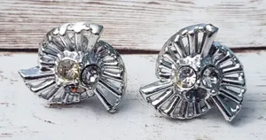 Vintage Screw On Earrings 0.75" Artsy Silver Tone with Clear Gems - Missing Gem thumbnail 1