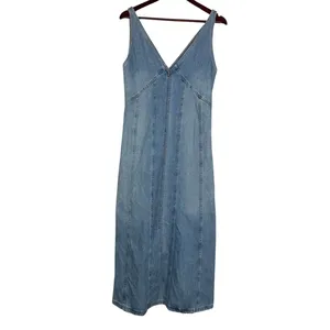Zara Oversized Denim Seamed V Neck Sleeveless Midi Dress Side Zip Up S Blue Wash thumbnail 2