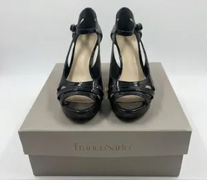 Franco Sarto Black Patent Peep-Toe Platform Heels with Ankle Strap thumbnail 1