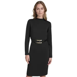 Halston Womens Mock-Neck Belted Long-Sleeve Dress HS4I2AYE Black M thumbnail 7