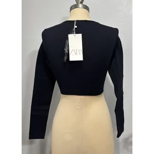 Zara Crop Top Crew Neck Pullover Stretch Long Sleeve Black Stretch Sz XS Stylish thumbnail 2