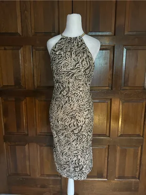 Xscape Size 6 Zebra Print Sequin‎ Halter Bodycon Cocktail Dress Gold Choker thumbnail 2