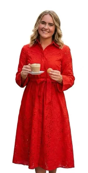 Zara Women eyelet embroidered dress Red 8420/916 Size XS x-small thumbnail 1