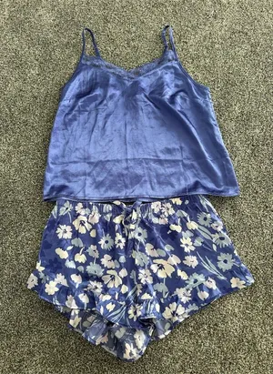Adore Me Pajama Set Womens Size S Blue Floral Cami Ruffle Shorts Lace Trim thumbnail 1