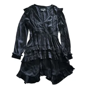 By Anthropologie Tiered Ruffled Mini Dress‎ Small Black Satin Long Sleeve thumbnail 2