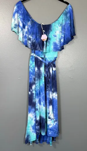 Pink Blush NWT Women's Blue Tie Dye Boho Peasant Sundress - Size Large - Hippie thumbnail 1