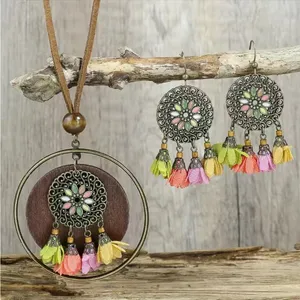 Boho Zinc Alloy Wood Retro Flower Design Tribal‎ Necklace & Earrings Set thumbnail 12