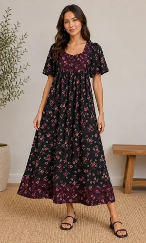Only Necessities Womens Cottagecore Floral Cotton Maxi Dress Black Pink 14/16 M‎ thumbnail 1