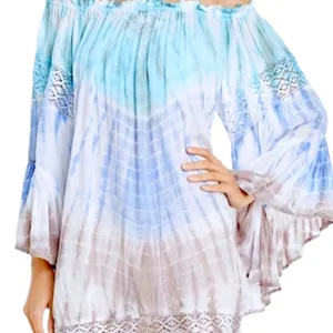 Surf Gypsy Tie-Dye Aquamarine, Blue, White and Gray Boho Whimsy Flowy Blouse thumbnail 3