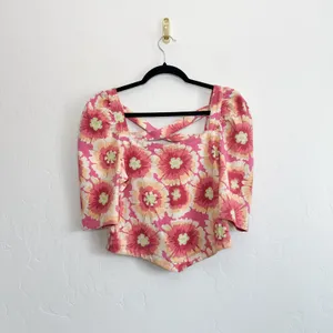 Free People | Give Me More‎ Cotton Floral Half Sleeve Crop Top in Pink | Medium thumbnail 3