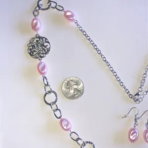 Silver Tone Filigree & Pink Faux Pearl Necklace and Earring Set thumbnail 4