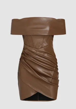 Cider Off The Shoulder Brown Leather Dress thumbnail 1