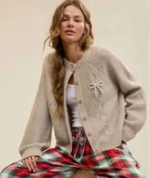 NWT Aerie Pointelle Bow Cardigan Sweater Tan Oatmeal size small thumbnail 1
