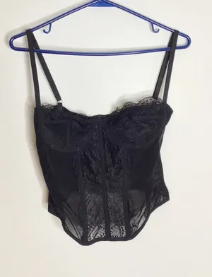 Dealmore Corset Top Women M Black Excellent Lace Mesh Sheer Underwire Boning thumbnail 1
