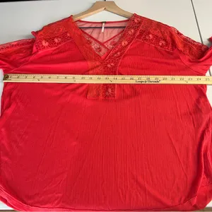 Free People Vibrant Red‎ Ribbed Lace Trimmed Dolman Sleeve Blouse Size M thumbnail 12