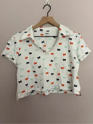 Maeve Anthropologie Embroidered Bow Polo Crop Top Large thumbnail 2