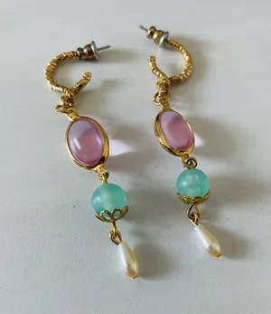 Gold Drop Earrings- Gemstone and Faux Pearl- Pierced Ears- Costume Jewelry thumbnail 1