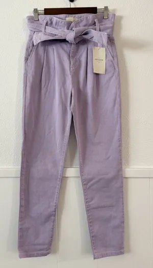 Sézane Paperbag Waist Belted Organic Cotton Tapered Pants Lilac FR34 US2 NWT thumbnail 1