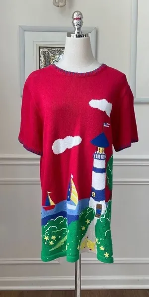 Vintage 90s Quacker Factory Summer Lighthouse Duck Short Sleeve Tunic Sweater XS thumbnail 1