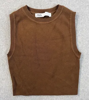 ZARA Women's Small Brown Knit Sweater Vest Top Sleeveless Crew Neck Cropped thumbnail 1