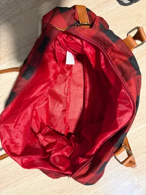 Monogrammed S Red & Black Buffalo Plaid Tote with Tan Handles thumbnail 3