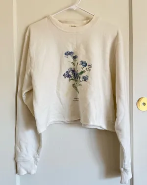 Brandy Melville White Sweatshirt with Blue Floral Design thumbnail 1