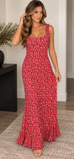 Olivaceous Size M Red Floral Ruffle Strap Maxi Dress NWOT thumbnail 1