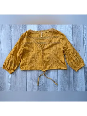 Free People Follow Your Heart Golden yellow Embroidered Lace Blouse size medium thumbnail 4