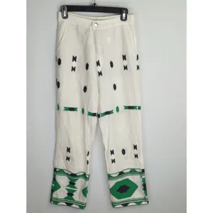 Zara White‎ & Green Geometric Embroidered Linen Pants Small Coastal Bohemian thumbnail 2