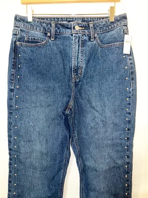 Old Navy Dark Blue Straight Extra High-Rise Studded Jeans thumbnail 2