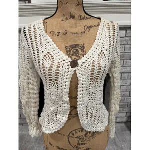 Carolyn Taylor Crochet Cardigan Womens XL Cream Button Shrug‎ Cottagecore Boho thumbnail 2
