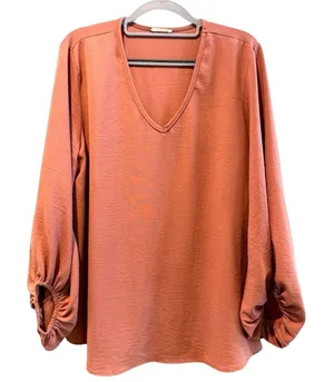 Jodifl Balloon Sleeve Blouse Terracotta Boho V-Neck Textured Top Womens‎ Medium thumbnail 1
