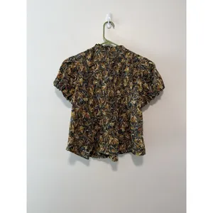 DÔEN Millie Puff Sleeve Button Front‎ Blouse Top in Noir Narcissus Floral Medium thumbnail 4