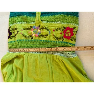 Boho Chic green crochet floral embroider halter cotton dress high low skirt sz S thumbnail 9